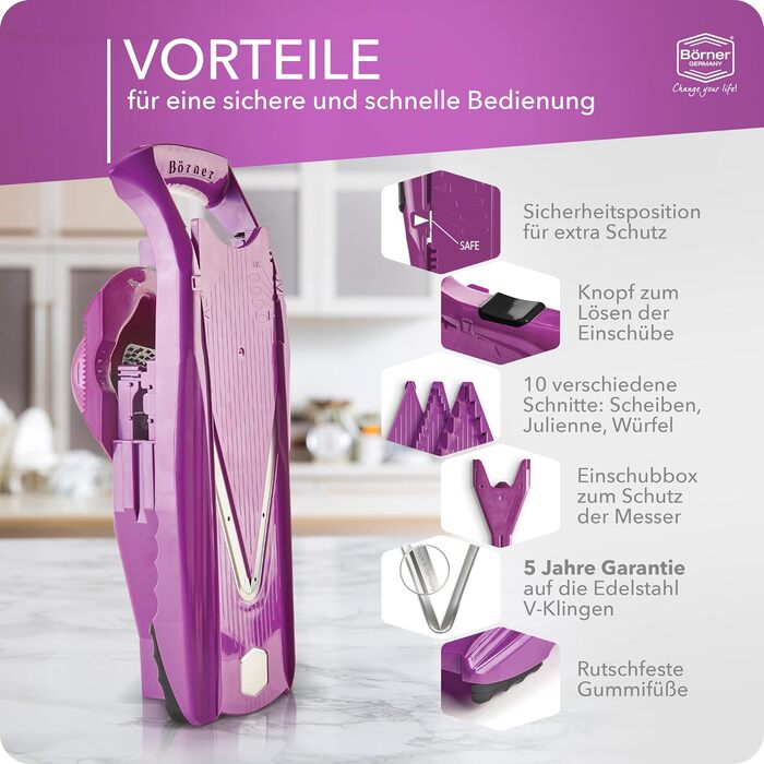 Набір Börner Gemüsehobel V5 (Profi Set): професійний набір для нарізки овочів з регульованим V-подібним ножем, 7-частинний, з 10 видами нарізки, з нержавіючої сталі, з док-станцією, фіолетовий (стартовий набір)