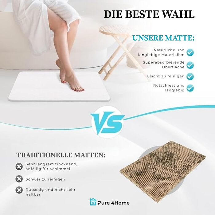 Діатомітовий килимок для ванної Pure 4Home Kieselgur 60x40 см, швидкосохнучий та антибактеріальний підклад, білий