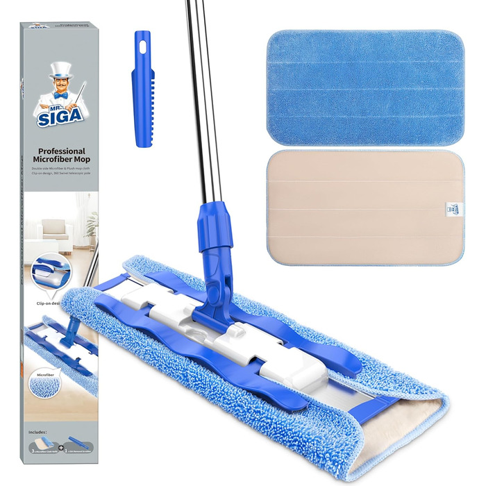 MR.SIGA Professional Microfiber Mop Floor Cleaner for Hardwood, Laminate, Tile Floors, Stainless Steel Handle, Includes 3 Reusable Microfiber Cloths and 1 Dirt Separator