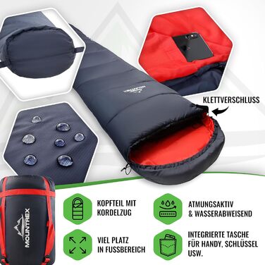 Сплячий мішок MOUNTREX® - компактний та ультралегкий (760г/1500г) - Outdoor (100GSM) / 3-4 сезони (300GSM) - Мумієвидний спальний мішок – кемпінг, подорожі, фестивалі – теплий та з'єднуваний (Темно-синій/Червоний)