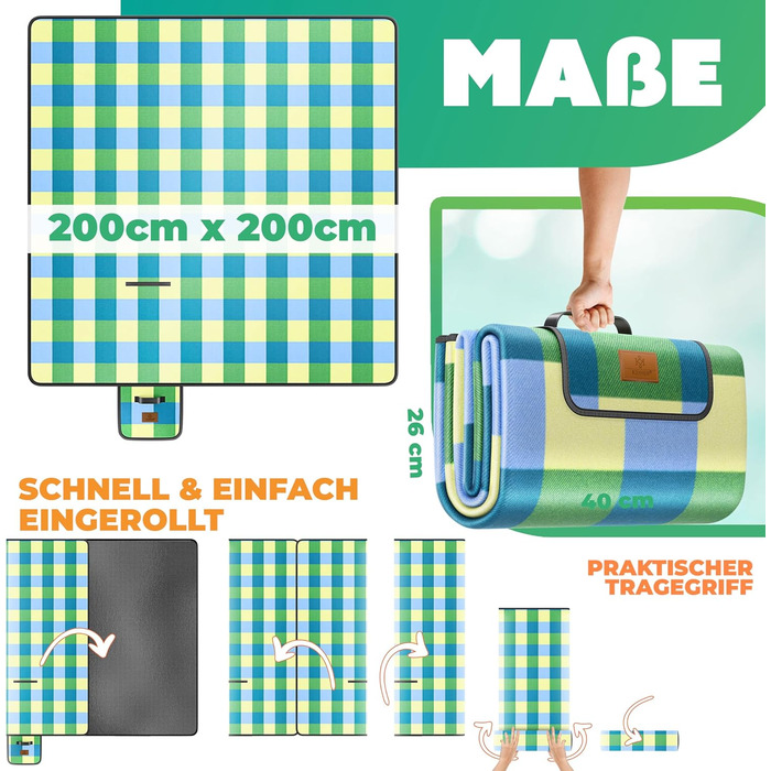 KESSER® Picnic Blanket Camping Blanket XXL 200 x 200 cm - Warm Insulated with Waterproof Bottom, Carrying Handle. Foldable Beach Blanket, Picnic Blankets for 4-6 People. Washable Picnic Blanket (Blue / Green)
