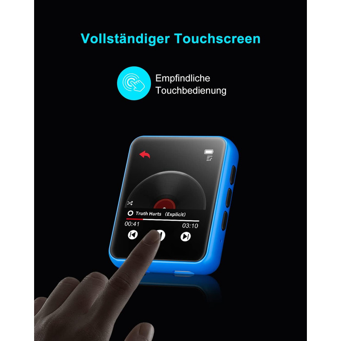 MP3 плеєр 32GB Bluetooth 5.0 з сенсорним екраном, Hi-Fi звук, металевий корпус, радіо, диктофон, підтримка до 128GB - блакитний