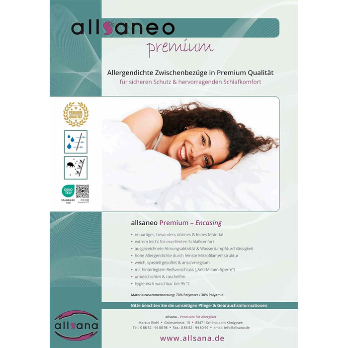 allsaneo Premium Allergy Cover 180x200x8 cm | Allergy Cover Extra Soft and Lightweight | Anti-Mite Encasing | Dust Mite Protection | Allergen-Tight Fitted Sheet | TÜV Tested