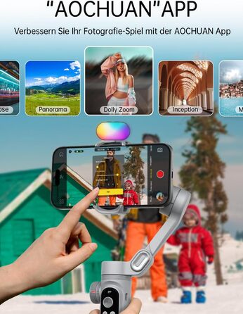 Стабілізатор для смартфона AOCHUAN 3-осьовий з RGB-підсвічуванням, для iPhone/Android, з функцією трекінгу обличчя, комплект Smart X Pro (Сірий)
