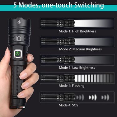 Тактична ліхтарик ASORT 990 000 Люмен з USB зарядкою, Zoom, IP67, 10 режимів, для дому, відпочинку, надзвичайних ситуацій