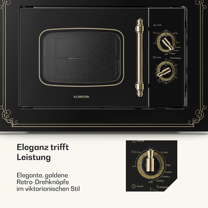 Мікрохвильова піч Klarstein Victoria 20 - вбудована, 20 л, 800 Вт, 1000 Вт гриль, 3 функції, нержавіюча сталь, з рамкою, чорна