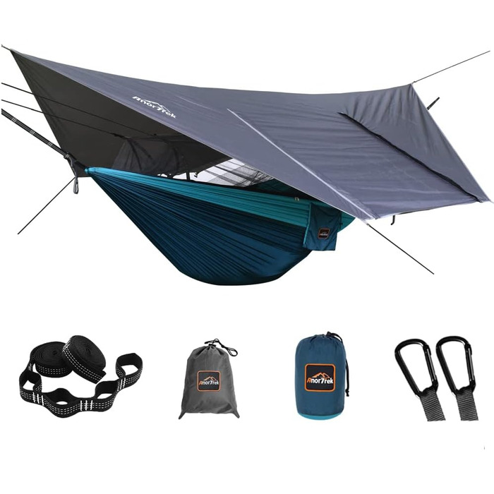 Гамак для кемпінгу з москітною сіткою та тент від дощу, двомісний, 210T нейлон, водонепроникний, для піших прогулянок (зелений, блакитний)