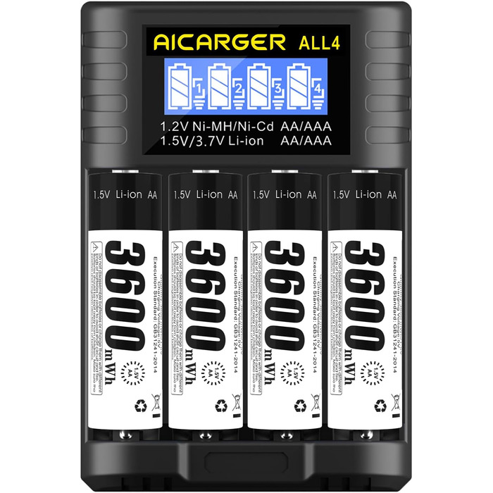 Зарядний пристрій для акумуляторів AA/AAA AICARGER з LCD дисплеєм, 4 слоти, 5V/2A, USB-C, 4 x AA 3600mAh в комплекті