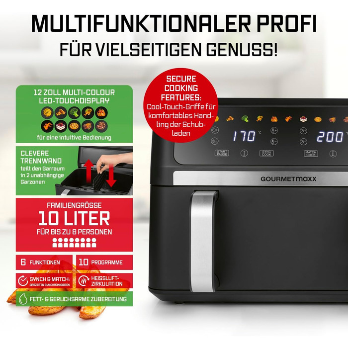 Фритюрниця готувальна повітрям Gourmetmaxx AirGenius 9 л (2 x 4,5 л) з 8 програмами | 2 камери для одночасного приготування | Сенсорний дисплей, для 8 осіб
