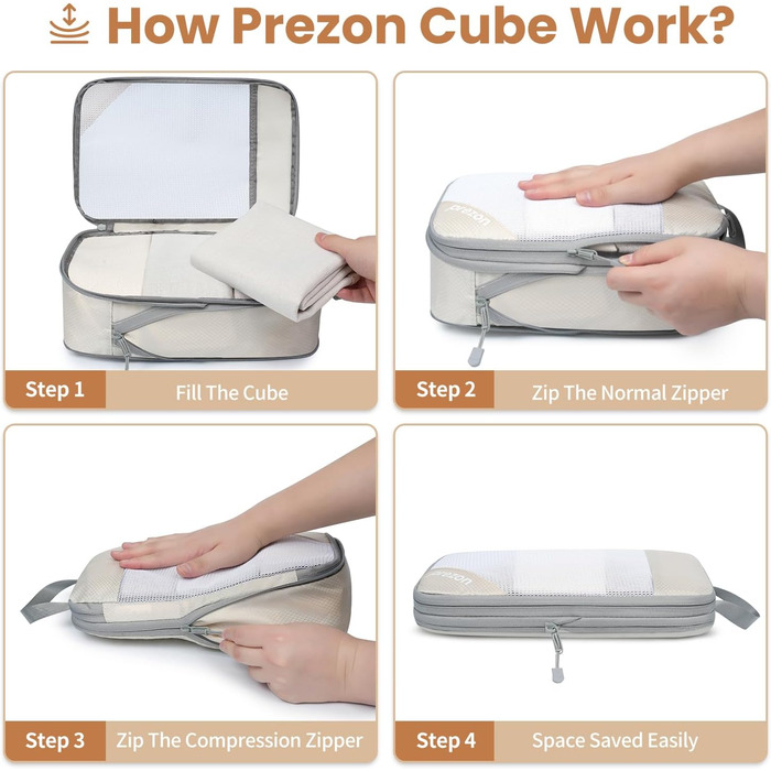 Набір компресійних органайзерів для валізи 6 шт., прозорі, бежеві - економія місця, міцний матеріал