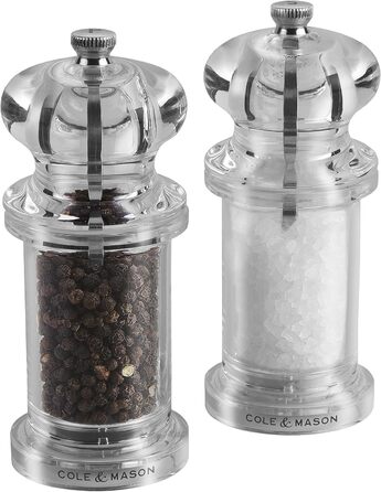 Cole & Mason 505 Salt & Pepper Mill Set – Classic Design, Adjustable Grinder, 14cm, Transparent Acrylic Body, Durable & High Quality, Manual