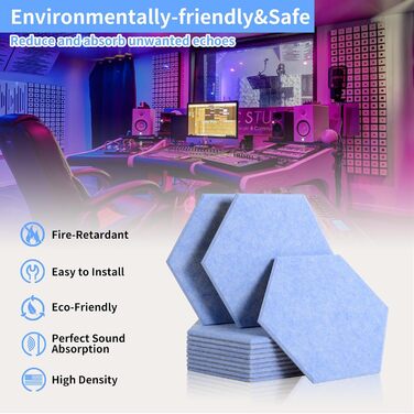 Акустичні гексагональні панелі Rdutuok для звукоізоляції, 30x26x1 см, світло-блакитні (12 шт) — шумопоглинаючі плити для студії, офісу та декору стін