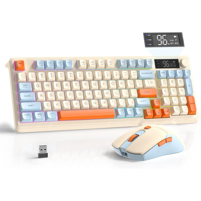 Бездротова клавіатура та миша FREEWOLF T96 з Bluetooth/2.4G, PBT-клавіші, дисплеєм, тихими клавішами, Anti-Ghosting, QWERTY (Heidelbeere)