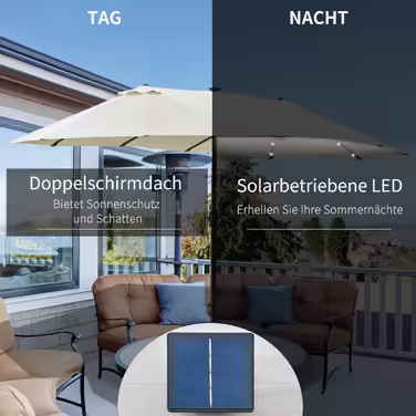 Сонцезахисний парасолька Outsunny з LED-підсвіткою, 440 x 256 см, садовий парасолька з ручним механізмом, парасолька для тераси кремово-білого кольору для саду та тераси