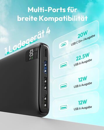 Power Bank A ADDTOP 26800mAh з LED дисплеєм та 4 виходами, 22.5W швидка зарядка, PD3.0, QC4.0, USB-C, для iPhone, Galaxy, Tablette, чорний