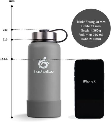 Термофляга Hydro2Go Edelstahl X-AlpsBottle 1000 мл, сіра, з 3 кришками, вакуумна ізоляція