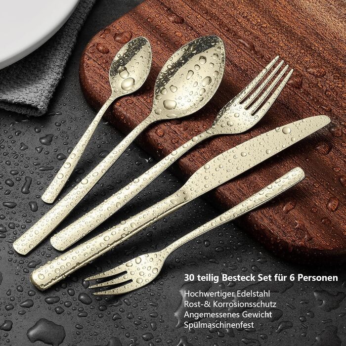Champagne cutlery set, 30 pieces, shiny champagne-colored cutlery for 6 people, made of high-quality stainless steel, including knives, forks, and spoons, suitable for kitchens, hotels, and restaurants, dishwasher safe.