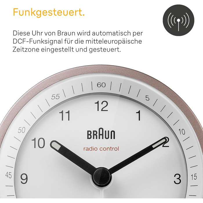 Classic analog radio alarm clock by Braun for the Central European Time zone (CET/GMT+1) with snooze function, lighting, quiet movement, crescendo alarm in white and rose, model BC07PW-DCF