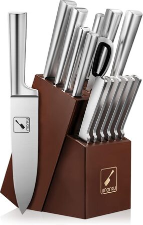 IMARKU 15-Piece Japanese Stainless Steel Knife Set with Block - Professional Kitchen Knife Set with Sharpener & Cleaning Block