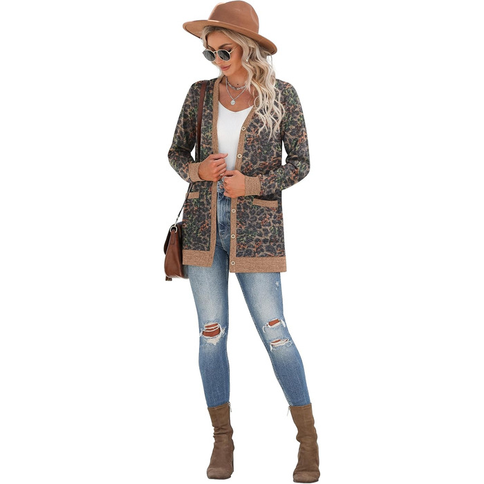 Жіночий довгий в'язаний кардиган Grecerelle Leopard, чорний, з кишенями та V-подібним вирізом