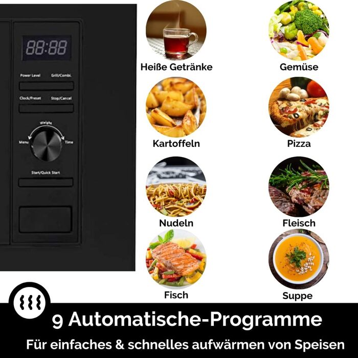 Мікрохвильова піч Wolkenstein WMW800-20GB: 800W, 20л, 6 рівнів потужності, 9 програм, розморожування, LED-дисплей, захист від дітей, чорний