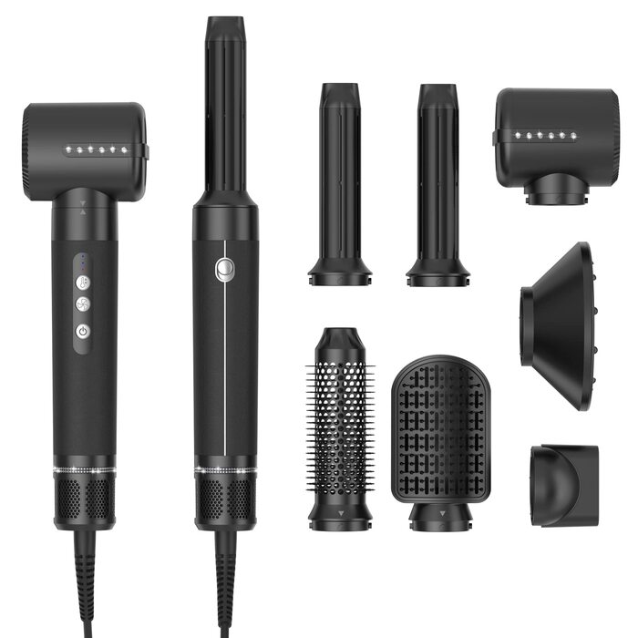 Набір для укладки волосся 7-в-1: фен, дифузор, щітка для укладки, автоматична плойка, випрямляч, чорний, 110000 RPM