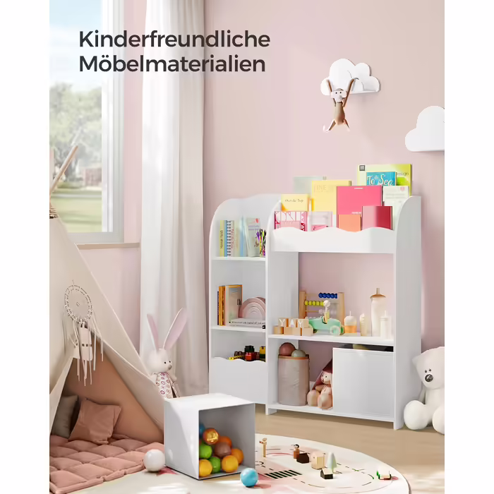 SONGMICS Kids' Room Shelf, Toy Organizer, Bookshelf for Children, Multifunctional Storage Unit with 2 Storage Boxes, Space-Themed Stickers, Kids' Room, Bedroom, White GKR42WT (Cloud White)