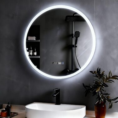 Дзеркало для ванної кімнати YOURLITE з підсвічуванням, діаметр 60 см, LED, сенсорне керування, 3 кольори світла, регулювання яскравості, антизапар, пам'ять, годинник, білий