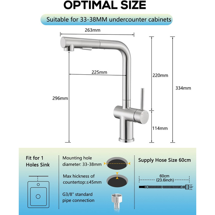 Змішувач кухонний з висувною лійкою, високого тиску, з двома режимами струменя, поворотний на 360°, L-подібний, з нержавіючої сталі (шліфований)