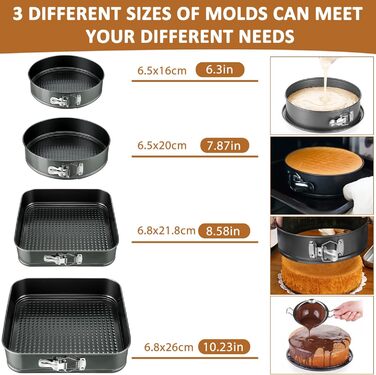 Набір форм для випічки 4 шт. (16/20 см круглі, 22/26 см кутові), вуглецева сталь з антипригарним покриттям, знімний дно, сірий