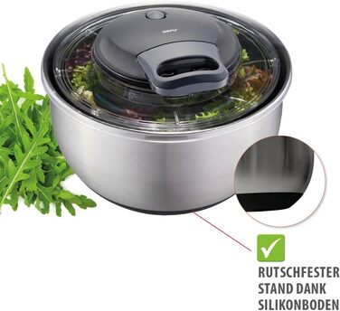 GEFU Салатоотжим - 5 л, вбудований виливник, кнопка стоп, неслизький, придатний для миття в посудомийній машині (4,5 л, кришка, нержавіюча сталь + кришка для зберігання)