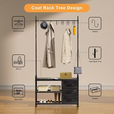 Вішалка для одягу з лавкою Leader Accessories, метал, чорний/чорне дерево, 176x30x84 см