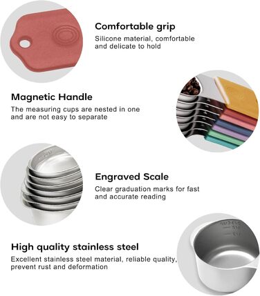 Magnetic Measuring Cup and Spoon Set, including 7 durable 304 stainless steel measuring cups and 8 magnetic measuring spoons with a leveler for cooking and baking (Color)