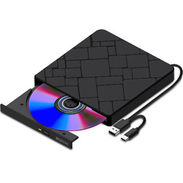 Зовнішній USB 3.0 та USB-C CD/DVD привід-записувач Beizkna, портативний DVD-бренер для ноутбука, ПК, MacBook та iMac, сумісний з Windows 11/10/8/7, Linux та macOS, чорний