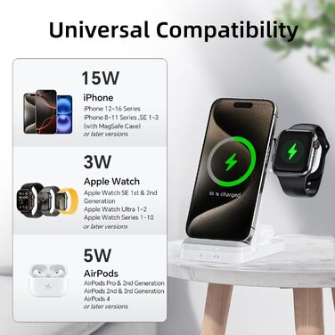 Бездротовий зарядний пристрій 3-в-1, складна підставка для iPhone 15/14/13/12/11 Pro Max, Apple Watch, AirPods Pro (білий)