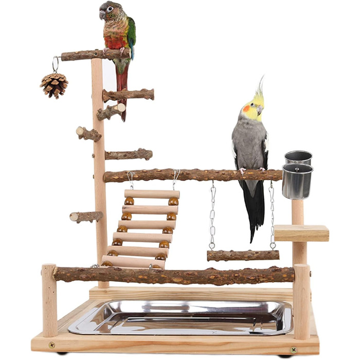 Canary Play Stand Bird Play Stand with Feeder Cup Toy Ladder Climbing Swing and Tray for Budgies, Cockatiels, Parrots, Wood, Size 45x37x26 cm #A