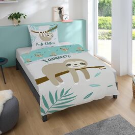 Дитяча постільна білизна Kinderbettwäsche Set: комплект 2 шт. з тваринами та глобусом. Декоративна ковдра 135x200 см + подушка 80x80 см, блискавка. Підходить для хлопчиків та дівчаток, 100% бавовна, ренфорсе, гіпоалергенна, сертифікат Oeko-Tex (лінивець)