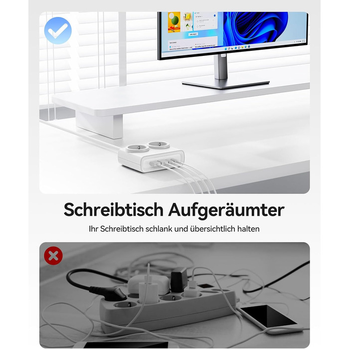 Мережевий адаптер ORICO 25W GaN 6-в-1 білий з 2 розетками AC, 4 USB (2 USB-C PD), кабелем 1.6м, 2500W для дому/офісу