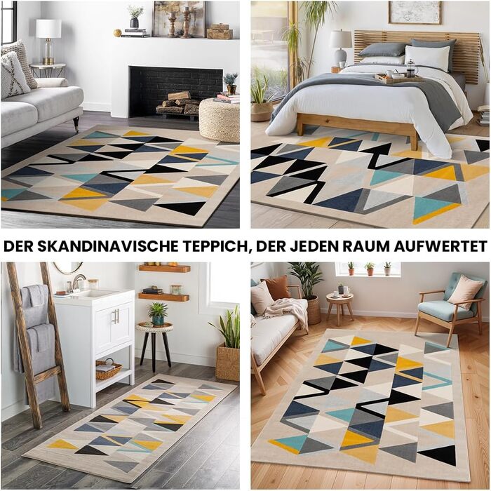 Килимок Livabliss Marietta для вітальні та спальні Boho, 120x170 см, з геометричним візерунком, скандинавський стиль, бежевий, жовтий, блакитний