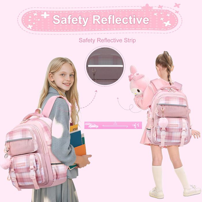 Шкільний рюкзак для дівчаток з візерунком, дихаючий та водовідштовхуючий рюкзак для 1-5 класів, Рожевий-01