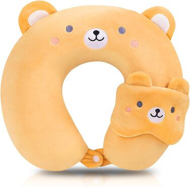 Подушка для шиї Tier Reisekissen: мила подушка з піною пам'яті для дорослих, авто, літака, поїзда, кемпінгу (колір: світло-коричневий, ведмедик)