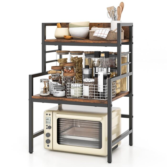 Полиця для мікрохвильової печі KOMFOTTEU 52x42x78 см, кухонна полиця з регульованими ніжками та захистом від перекидання, економна полиця для каструль, сковорідок, тарілок та мисок, коричнева