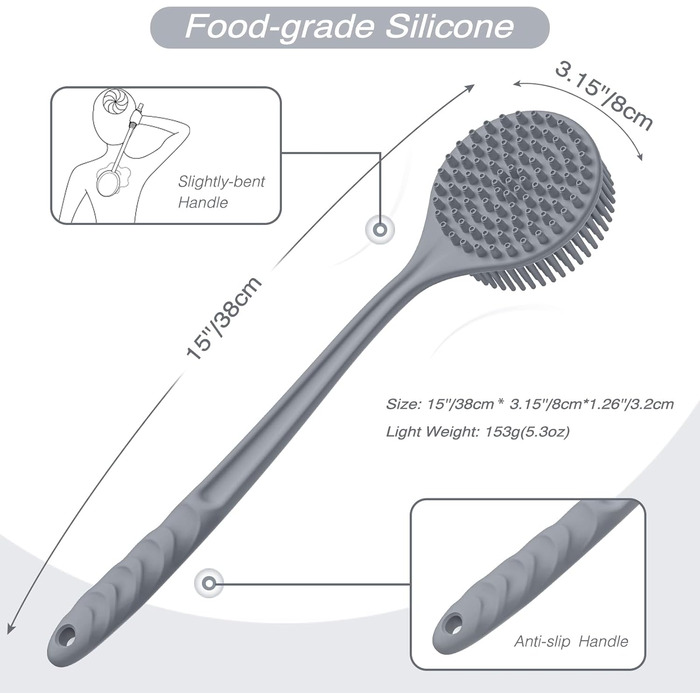 Набір силіконових скребків для спини та м'яких душових щіток ManmiHealth (2 шт.), чудово відлущуючий скребок для тіла та супер пінящийся рукавичка для душу, з безкоштовним гачком (сірий)