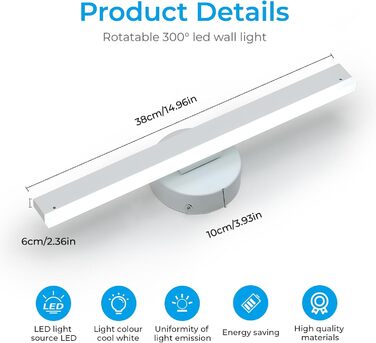 LED дзеркальна лампа Riserva 12W для ванної кімнати, поворотна 300°, чорна, 3000K/6500K