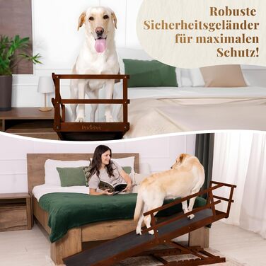 Східці для собак до ліжка з огорожею - для великих собак до 90 кг - регульована висота до 94.5 см - ширина 49.5 см - складаються - антиковзні ручки - з берези - колір натуральний (волоський горіх)