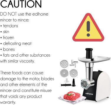 М'ясорубка електрична Edihome з насадкою для ковбас, багатофункціональна, 3 диски для подрібнення (чорно-біла)