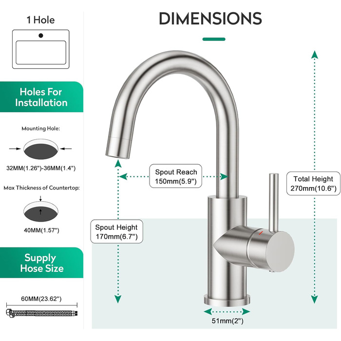 Кран кухонний CREA, 360° поворотний, нержавіюча сталь, для маленької кухні