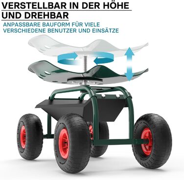 Wiltec Garden Wagon with Storage Area up to 150kg, Garden Chairs with Tires, Garden Trolley for Gardening, Workshop Wagon, Mobile Work Cart, Garden Seat, Mobile