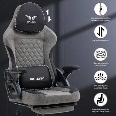 Геймерське крісло Racing Ergonomic Stoff Schwarz Grau з регульованою підголівкою, підлокітниками та підставкою для ніг