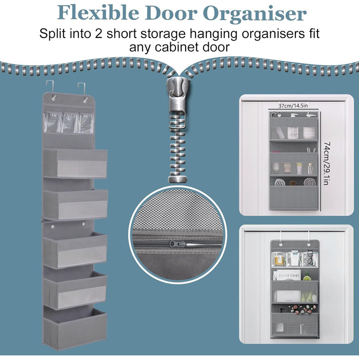 Органайзер для дверей, 5 кишень, з гачками, сірий. Організатор для ванної, шафи, кемпінгу, 150x36.5x14 см